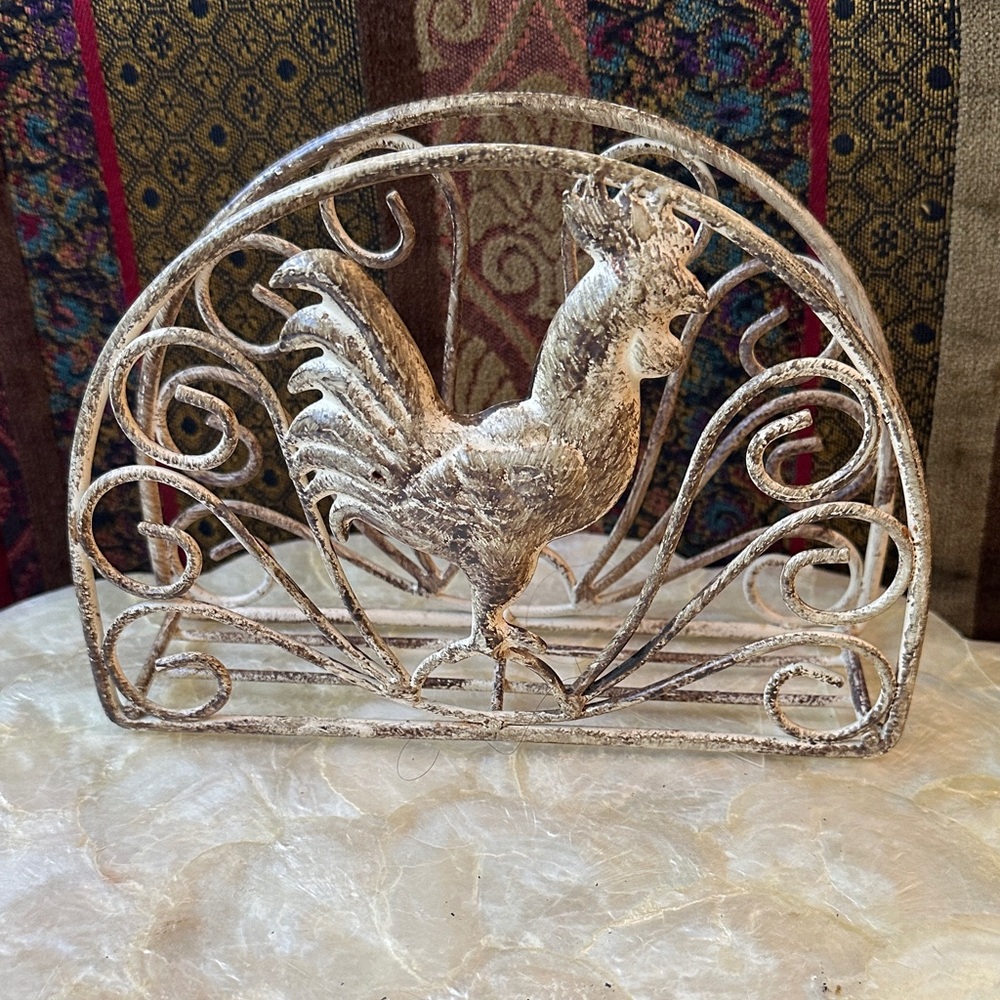 Rustic Rooster Metal Napkin/Mail Holder - Distressed White